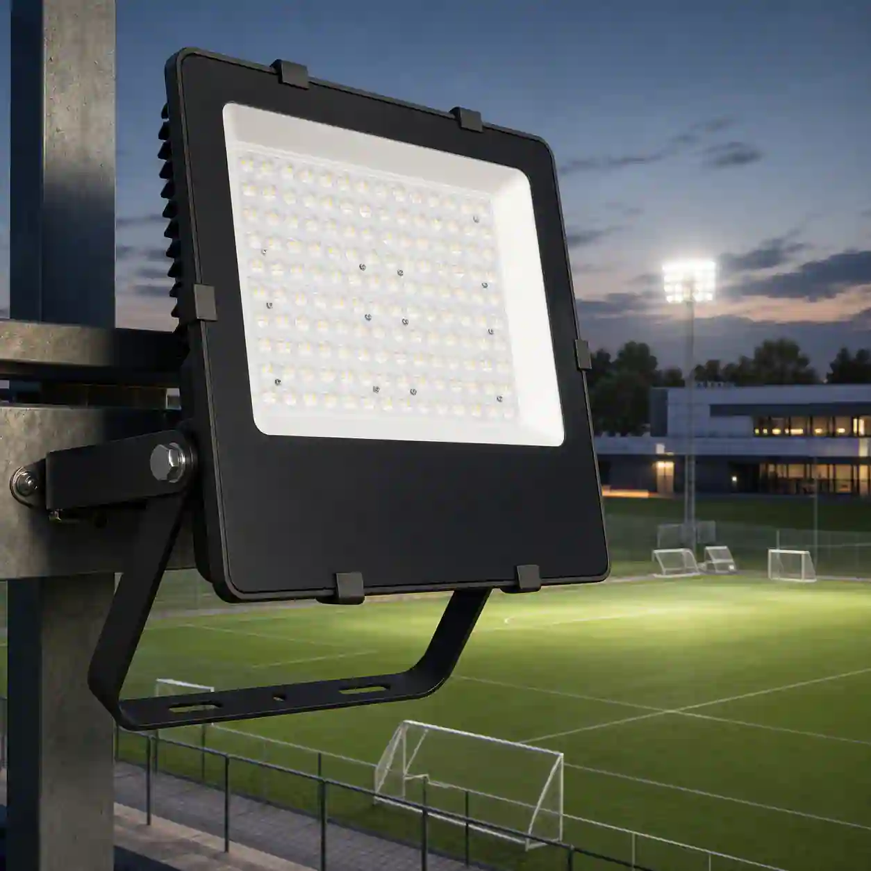 Rozsvícený LED reflektor STG 200W s vyzařovacím úhlem 90 stupňů osvětlující venkovní sportoviště neutrální bílou 4000K